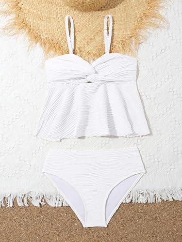 OYOANGLE Girl's 2 Piece Tankini Swimsuit Textured Twist Front Ruched Ruffle Bikini Set Bathing Suits thumbnail 5