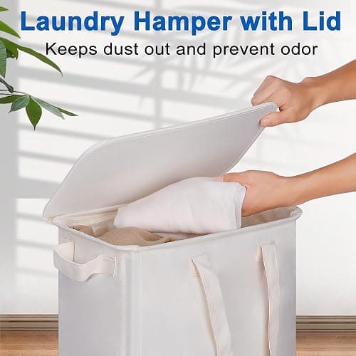 Vincona Slim Laundry Hamper with Lid and Wheels, Small Rolling Laundry Basket with Handle for Small Spaces, Tall Dirty Clothes Hampers for Dorm, Bathroom and Bedroom, 55L, Beige thumbnail 4