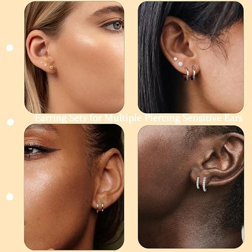 Surgical Steel Flat Back Earrings Set for Multiple Piercing Sensitive Ears,Sterling Silver Hypoallergenic Small Cartilage Huggie Hoop Earrings Titanium Tiny CZ Pearl Opal Stud Earrings for Women thumbnail 9