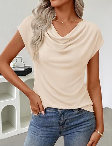 ZESICA Women's Summer Short Sleeve Business Casual Tops 2026 Cowl Neck Knit Shirts Spring Work Dressy Blouses thumbnail 4