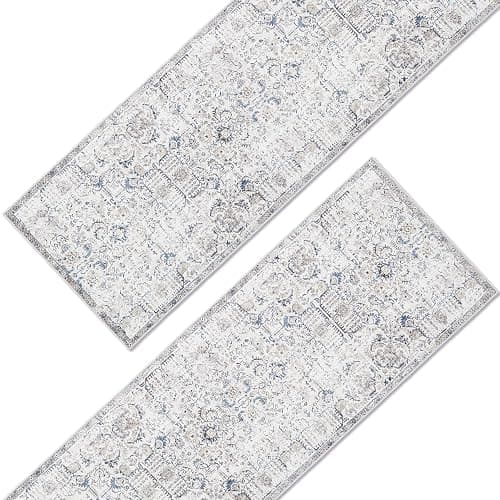 jinchan Runner Rug 2x5-2pcs Washable Hallway Rug Vintage Indoor Thin Retro Floor Cover Distressed Floral Country Lightweight Non Slip Carpet for Entryway Bathroom Kitchen Bedroom Living Room Blue - 2' x 5' (2pcs Light Weight) - Distressed Blue Multi thumbnail 3