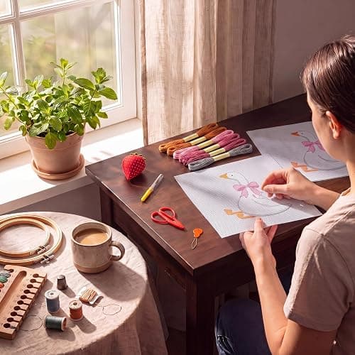 XunYee 23 Pcs Silly Goose 18 Mesh Needlepoint Canvas Kit for Beginners | Adults Starters Hand Painted Canvas Craft Set 2 Pcs Silly Goose Pattern Cloth 7.8 inch Needle Thread Pincushion Scissor thumbnail 6