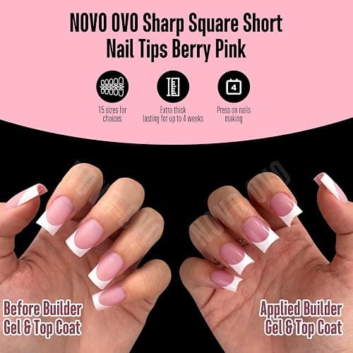 NOVO OVO Short Sharp Square White French Tip Nail Tips Press on BERRY PINK, Need Builder Gel Top Coat Nail Glue,Soft Gel Fake Nail Extension, Full Cover False Nails for Salon DIY x15 Sizes 240 pcs thumbnail 6
