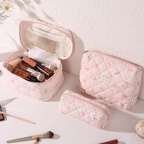 Anfly Makeup Bag, Quilted Cosmetic Bags, Large Floral Make Up Bag, Cute Makeup Bag 3PC Set for Women Girls (Pink) thumbnail 2