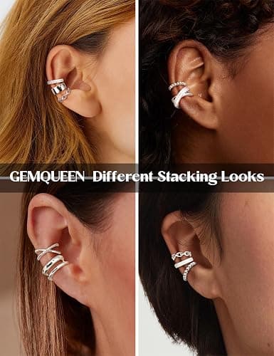 GEMQUEEN 9 Pcs Ear Cuff Non Piercing Earrings for Women - 14K Gold/Silver Plated Chunky Ear Cuffs Earring Non Pierced Ears Clip On Adjustable Fake Cartilage Conch Helix Jewelry Set with 5A CZ thumbnail 2