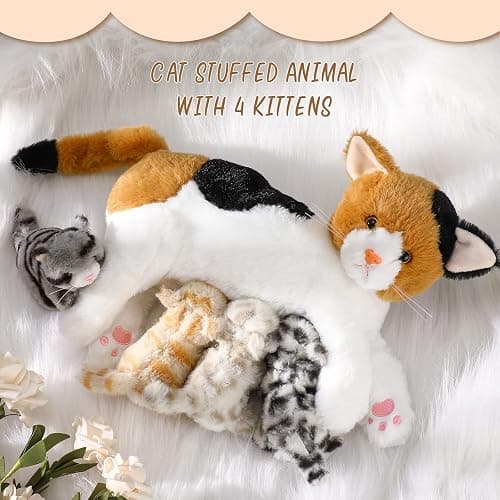 Skylety Nurturing Cat Stuffed Animal with 4 Plush Kittens, Cats Baby Stuffed for Girls Boys Plushy Mommy Kitty with Baby Kittens for Valentine Birthday Party Favors Gifts(Lovely Style) thumbnail 2