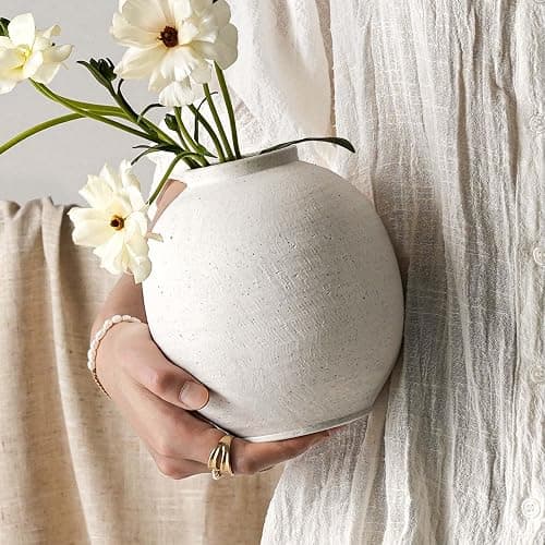 Small White Ceramic Vase - 6.3 Inch Rustic Farmhouse Flower Vase for Home Decor, Minimalist Vases for Living Room, Table, Bathroom, Holiday & Weddings (Sandstone White) - Image 1