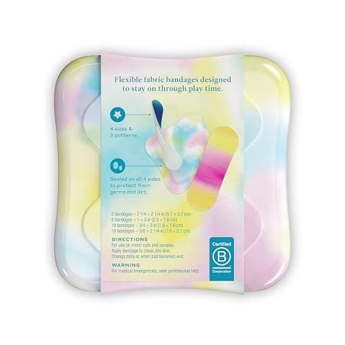 Welly Bandages | Adhesive Flexible Fabric Bravery Badges | Assorted Shapes for Minor Cuts, Scrapes, and Wounds | Colorful and Fun First Aid Tin | Colorwash Tie Dye Patterns - 48 Count thumbnail 2