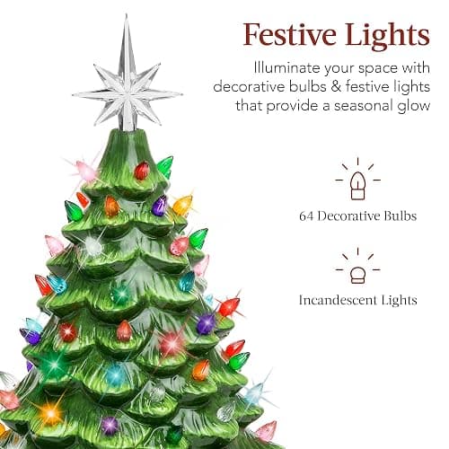 Best Choice Products 15in Ceramic Christmas Tree, Pre-lit Hand-Painted Tabletop Holiday Tree, Star Topper, 64 Lights - Green w/Multicolored Bulbs thumbnail 4