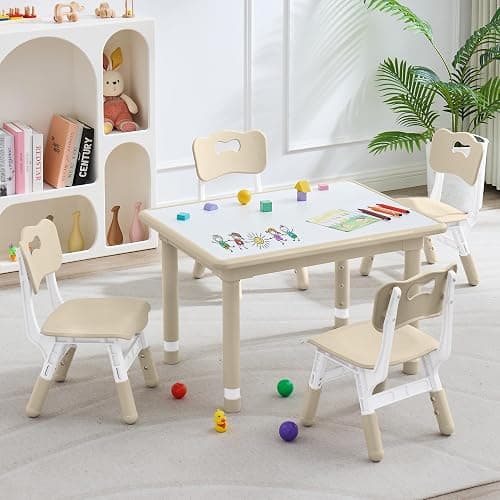 DOREROOM Kids Table & 4 Chairs, Height Adjustable (17.7"-26.1"), Natural | Graffiti Desktop,Table Supports 330 lbs,Toddler Ages 3-8,Children Multi-Activity Table Set for Playroom, Daycare, Classroom - Image 1
