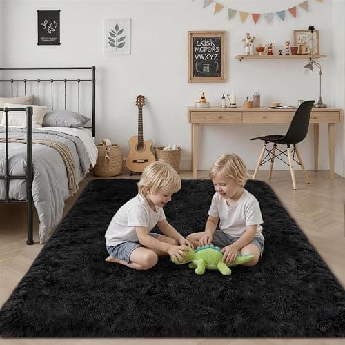 8x10 Area Rugs for Living Room Bedroom: Ultra Soft Fluffy Shag Rug Upgrade Non-Slip Non-Shedding Large Fuzzy Plush Carpet Indoor Floor Carpets for Kids Room Playroom Nursery Dorms Home Decor Black thumbnail 7