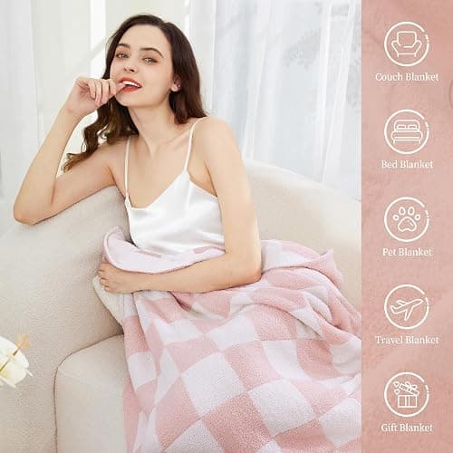SeaRoomy Checkered Throw Blanket, Ultra Soft Microfiber Knit Throw Blanket, Cozy Fluffy Fuzzy Reversible Checkerboard Pink Blanket for Couch Sofa Bed Decor(Light Pink, 51"63") thumbnail 7