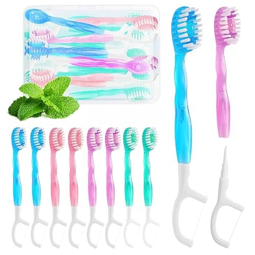 FOREVIVE Mini Toothbrush Disposable with Toothpaste,Tongue Scrapers,Floss and Pick.Travel Tooth Brush Pack for Work or Travel.Individually Wrapped, 10 Count, Mint and Three Other Fruit Flavors - Green+pink|+blue+red - 1 Count (Pack of 12) - Image 1