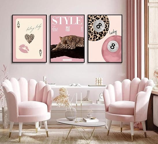 Set of 3 Trendy Pink Leopard Canvas Wall Art Funky Lucky 8 Ball Posters Prints Preppy Room Aesthetic Cheetah Wall Decor Pictures for Girls Bedroom Apartment Dorm Decoration Unframed thumbnail 2