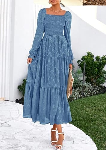 PRETTYGARDEN Fall Wedding Guest Dresses for Women 2025 Floral Long Sleeve Smocked Tiered Elegant Long Flowy Boho Dress thumbnail 8