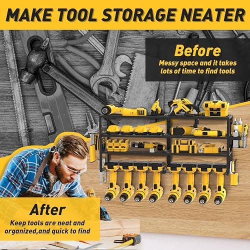 Large Power Tool Organizer Wall Mount for Fathers Dad, 4 Layers Heavy Duty Metal Garage Organization Loads 360lbs with 8 Cordless Drill Holder,Power Tool Shelf for Garage Workshop, UtilityRacks thumbnail 7