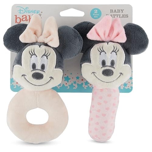 Disney Minnie Mouse Assorted Plush Lovie Rattle Set Pack of 2 - Soft and Cuddly Plush Material, Built-in Rattle for Sensory Stimulation,Vibrant Colors and Intricate Details thumbnail 2