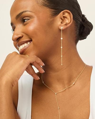 PAVOI 14K Gold Plated Station Linear Dangle Earrings for Women, CZ Earrings | Hypoallergenic Earrings with 925 Sterling Silver Posts, Simulated Diamond Chain Drop Earrings thumbnail 4