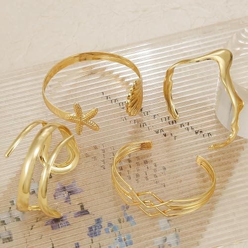BROCC 4PCS 14K Gold Plated Stackable Cuff Bracelets Set for Women Adjustable Open Cuff Bangle Bracelet Hammered Wrist Thin Minimalist Gold Cuff Bracelets thumbnail 3