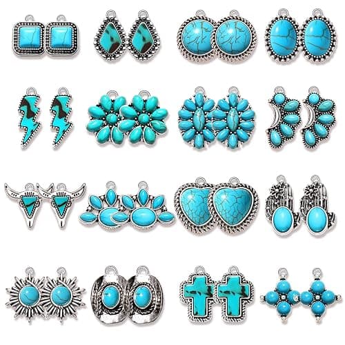 NVENF 32PCS Western Charms for Jewelry Making, Synthetic Turquoise Vintage Cactus Heart Flower Lightning Cowboy Boot Pendant for Bracelet Necklace Earring DIY Crafts - Image 1