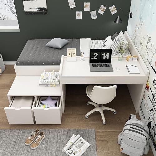 Merax Bunk Beds, Kids Single Wooden Storage Bed with Desk and Drawers, with Slatted Frame, Lying Surface for Teenagers & Adults, White, 90 x190 cm - Image 1