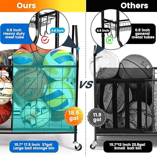 Garage Sports Equipment Organizer, Sports Equipment Storage for Garage with Baskets and Hooks, Rolling Basketball Racks for Balls with Wheels, Outdoor Toy Storage (Original Black) thumbnail 3