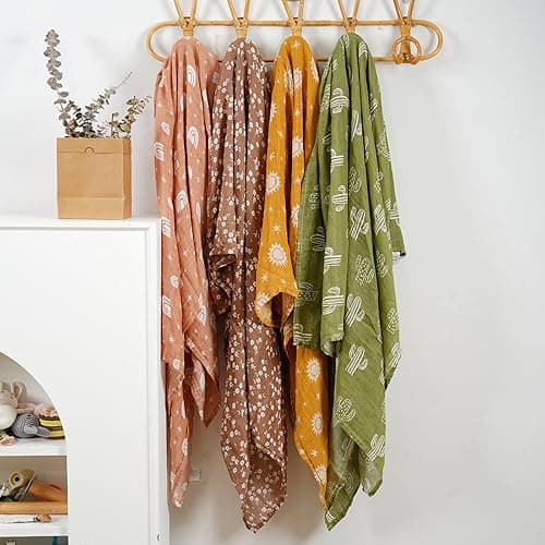 CoolaPeach 4 Set Muslin Swaddle Blankets for Newborn Baby Boys, Girls,Receiving Blankets-Cute Soft Print Baby Towel Wrap 120x110cm Baby(Cactus) - Cactus thumbnail 6