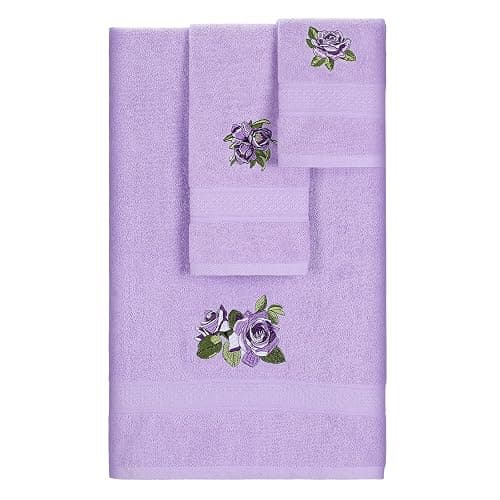 Hillsuren 3 Pcs Rustic Purple Roses Bathroom Towel Set Farmhouse Embroidered Purple Roses Towels Vintage Decorative 100% Cotton Bath Towel Highly Absorbent Elegant Summer Decor Set for Bathroom - Image 1