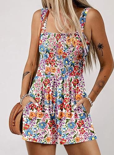 Dokotoo Women's Summer Casual Smocked Rompers Square Neck Sleeveless Loose Shorts Jumpsuits 2026 Beach Vacation Outfits thumbnail 2