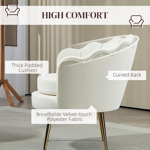 HOMCOM Modern Accent Chair, Velvet-Touch Fabric Leisure Club Chair with Gold Metal Legs for Bedroom, Cream White thumbnail 5