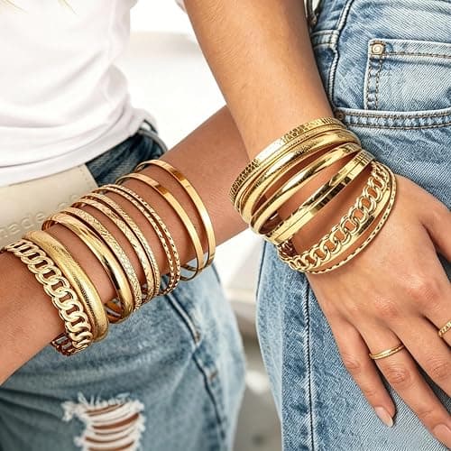 ÌF ME Gold Bangle Bracelets for Women, 19Pcs Multi Stackable Bangles Set | 14K Gold Plated, Chunky Textured Bracelet Stack, Fashion Boho Jewelry, Indian Bangles, Gifts for Women thumbnail 5