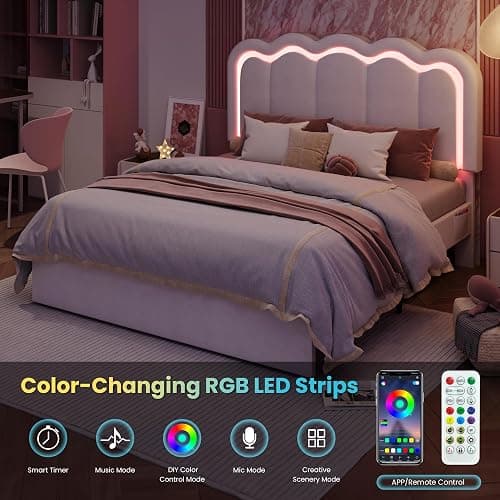 SHA CERLIN Upholstered Queen Size Bed Frame with LED Lights and Large Storage Drawer, Velvet Platform Bed with Adjustable Wavy Headboard, Noise Free, Easy Assembly, No Box Spring Needed, Soft White thumbnail 3