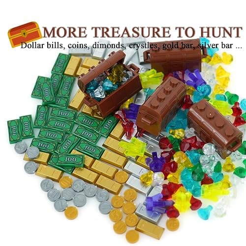 BroTex Pirates Treasure Chest Money Dollars, Silver Golden Gems Crystals Bag Torch Cannon Bricks Accessories Pack, Building Blocks Toys thumbnail 3