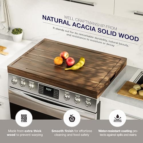 BLUEWEST Noodle Board Stove Cover with Handles, 3 in 1 Wood Stove Top Covers Board for Gas Burners and Electric Stove, Wooden RV Stovetop Cover, Tray for Kitchen Counter Space with Juice Grooves thumbnail 3