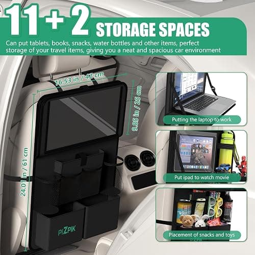 Plzpik Car Backseat Organizer with Tablet Holder,11 Storage Pockets with Foldable Food Tray, Protector Kick Mats for Kids, Travel Accessories Organizer (Black, 1Pack with Food Tray) thumbnail 2