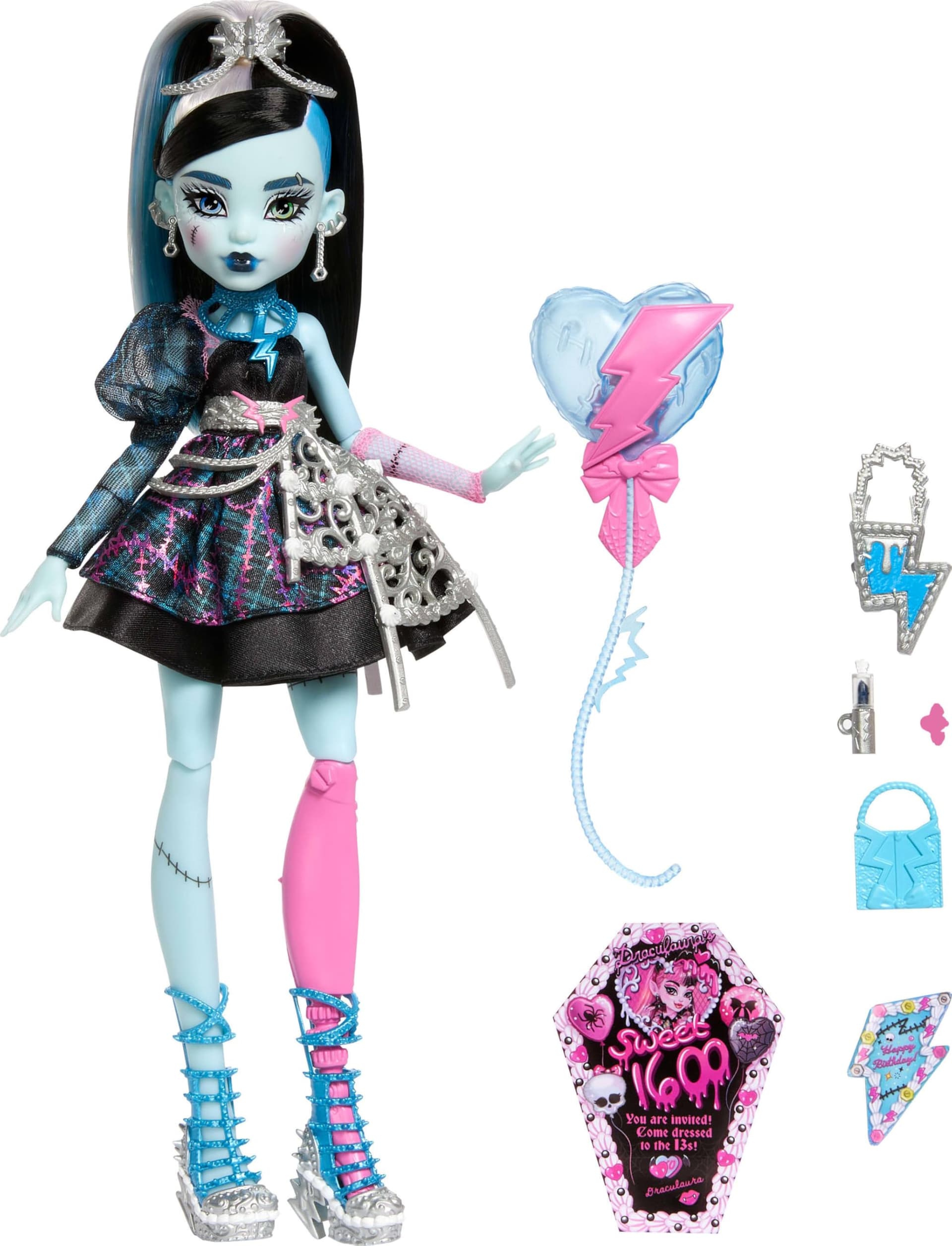 Monster High Scary Sweet Birthday Doll, Frankie Stein in Black Party Dress with Themed Accessories Like Invite, Balloon, Toy, Lipstick and More thumbnail 5