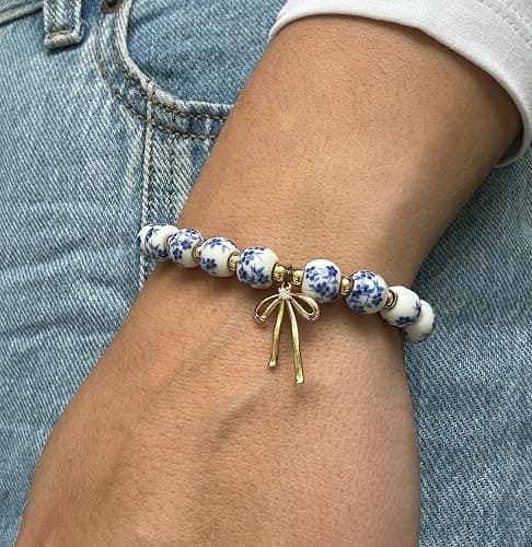 Beads Bow Charm Bracelet for Women Flower Vintage Bracelet Handmade Stretch Beaded Dainty Romantic Jewelry Gifts thumbnail 2