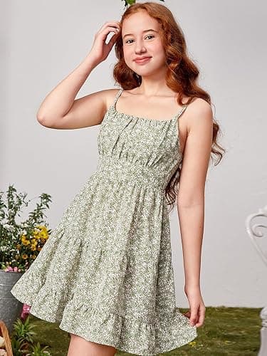 RoseSeek Girl's Summer Dress Floral Ruffle Hem Spaghetti Strap Ruched Bust Cami Short Dress Sundress - 16 Years - Light Green thumbnail 2