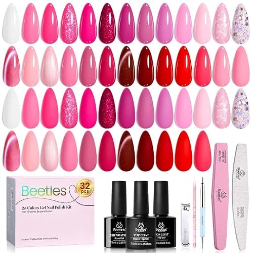 Beetles Pink Gel Polish Set, 25 Colors Red Purple Glitter Love's Prism Soak Off Kit with Base Top Coat& Nail Tools, Salon DIY Manicure Gift for Women - Image 1