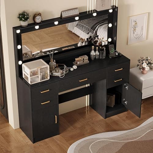 TOKSOM 44.8" Large Vanity Desk with Lighted Mirror & Power Outlet, Black Makeup Vanity Desk with Mirror and Lights, Black Vanity Table with 5 Drawers and 2 Cabinets, Dressing Table for Bedroom thumbnail 5
