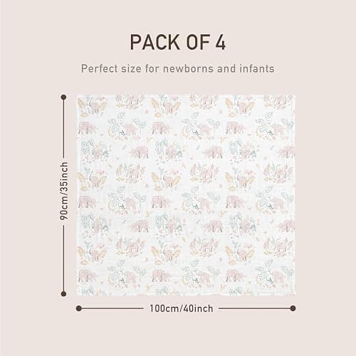 GLLQUEN BABY Muslin Swaddle Blankets 4-Pack Breathable Receiving Blankets (35" x 40") Soft Baby Blankets for Girls and Boys Newborn Essentials Muslin Burp Cloths Swaddle Wrap Baby Gift(Pink Elephant) thumbnail 3