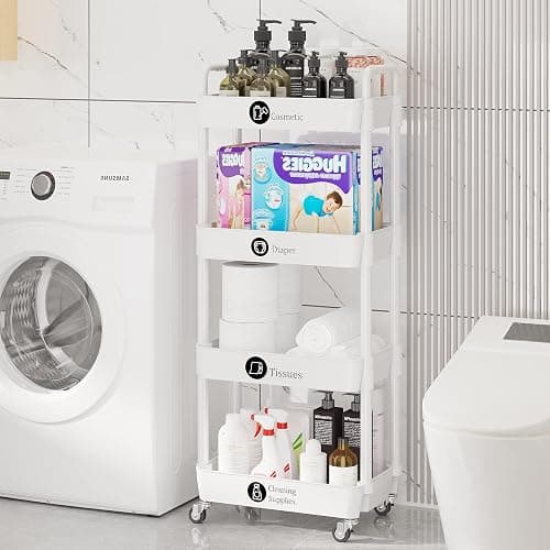 Laiensia 4-Tier Storage Carts,Multifunction Utility Rolling Cart Kitchen Storage Organizer,Mobile Shelving Unit Cart with Lockable Wheels for Bathroom,Laundry,Living Room,With Classified Sticker,White thumbnail 6