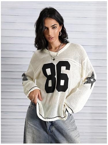 Verdusa Women's Y2k Clothes Going Out Tops Oversized Crochet Jersey Shirts Graphic V Neck Pullover Sweater thumbnail 6