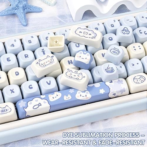 COOMICKEY PBT Keycaps - Cute Keycaps Blue White 60 65 75 100 Percent, Kawaii Anime Cat Key caps Custom 130 Keys, MOA Profile for 61/68/84/87/98/100 Cherry Gateron MX Mechanical thumbnail 5