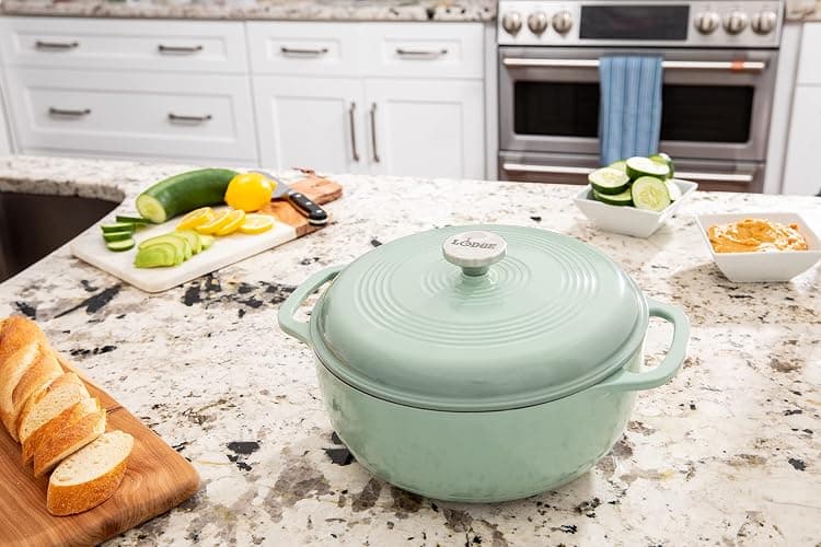 Lodge 6 Quart Enameled Cast Iron Dutch Oven with Lid – Dual Handles – Oven Safe up to 500° F or on Stovetop - Use to Marinate, Cook, Bake, Refrigerate and Serve – Desert Sage thumbnail 2