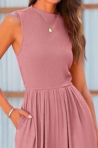 PRETTYGARDEN Womens Summer Jumpsuits Dressy Casual One Piece Outfits Sleeveless Mock Neck Wide Leg Pants Rompers with Pockets - Small - Dusty Pink thumbnail 5