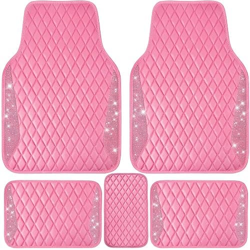 CAR PASS Bling Leather Car Mats Shining Diamond Floor Mats Crystal Rhinestones Sparkly Glitter Carpet Anti-Slip Waterproof Pad Universal Fit for Automotive SUV, Sedan, Van, 5pcs for Girl Women Pink - Image 1