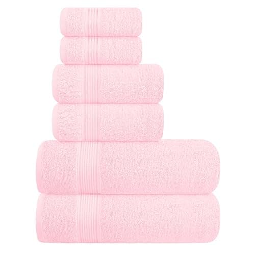 Elvana Home Ultra Soft 6 Pack Cotton Towel Set, Contains 2 Bath Towels 28x55 inch, 2 Hand Towels 16x24 inch & 2 Wash Coths 12x12 inch, Ideal Everyday use, Compact & Lightweight - Pink - Image 1