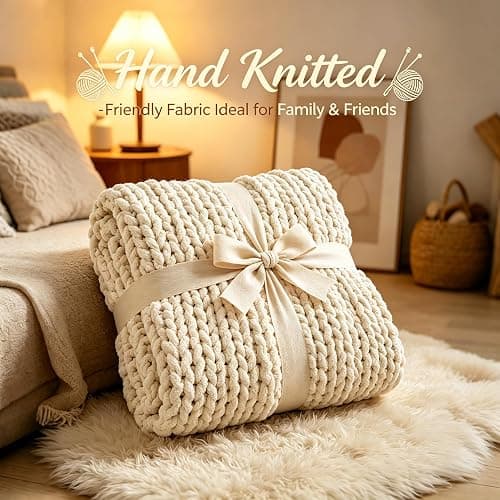 Chunky Knit Blanket Throw for Couch, 51"x63" Chunky Yarn Knitted Blankets | 100% Hand Knit Thick Chenille, Soft Breathable for Bed, Sofa, Home Decor, Cozy Gifts for Women Friends, Ivory thumbnail 5