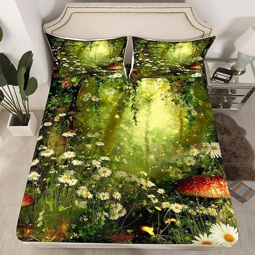 Erosebridal Magic Fitted Sheet Mushroom Fitted Sheet Twin Size Daisy Leaves Branches Sunset Nature Bedding Set Trippy Style Fairy Tale Theme Bed Cover Home Room Decorative - Image 1